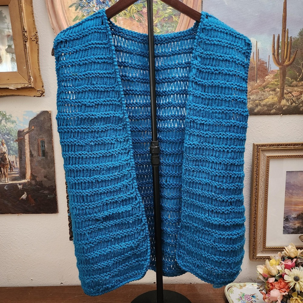 Vintage Handmade Crochet Vest Blue Boho Hippie Open Knit Sleeveless One Size